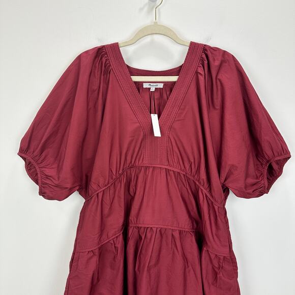 Madewell Puff Sleeve Mini Dress Poplin Claret Burgundy A Line Pockets Medium NWT - Picture 8 of 14